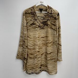 Lane Bryant Brown Tan Top Sheer Blouse Tunic Long Size 14/16 Beaded Boho